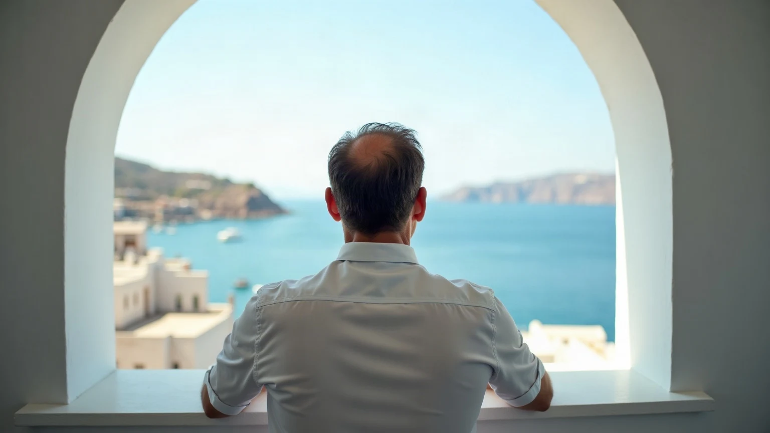 Άνδρας κοιτά τη θάλασσα από τοξωτό παράθυρο, ήρεμος μετά από ένα τυχαίο εύρημα